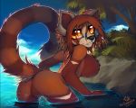  1girl 1girl anthro big_breasts breasts eyewear featureless_breasts featureless_crotch furry glasses looking_at_viewer looking_back macmegagerc mammal nude partially_submerged red_panda smile standing 