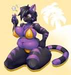  1girl 1girl 2017 5_fingers annoyed anthro belly big_belly big_breasts bikini black_fur black_hair breasts cat chest_tuft clothed clothing deep_navel eyelashes fangs feline fur furry hair hand_on_hip inner_ear_fluff kate kneel looking_down mammal multicolored_fur navel nipple_bulge orange_background overweight pink_nose purple_fur simple_background slightly_chubby striped_tail stripes swimsuit teckworks thick_thighs tree tuft wardrobe_malfunction white_fur wide_hips yellow_eyes 