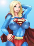  1girl big_breasts blonde_hair bodysuit breasts cape dc_comics green_eyes hand_on_hip impossible_clothes lens_flare looking_at_viewer navel ogura_anko shiny_clothes skin_tight sky supergirl 