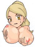 beauty_(pokemon) big_breasts blush breast_grab huge_breasts humans_of_pokemon looking_at_viewer nipples npc_trainer pixiv_id_18614807 pokemon pokemon_(game) poose_cafe porkyman sweatdrop upper_body