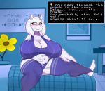 1girl 2010s 2016 alternate_version_available anthro bed belly big_breasts blush boss_monster breasts breasts_bigger_than_head caprine clothed clothing delta_rune_(emblem) english_text flower furry goat horn huge_breasts inside legwear long_ears mammal on_bed overweight overweight_female panties plant somescrub text toriel translated undertale undertale_(series) underwear video_games wingdings