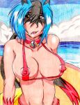  areolae areolae_slip artist_request beach big_breasts bikini cleavage collar drawing fang hair_between_eyes lucario lucarionite mega_stone ocean pokemon pokemon_xy porkyman red_bikini red_swimsuit sand swimsuit water 