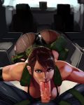  1boy 1girl aka6 ass bare_shoulders bent_over brown_hair cum cum_drip cum_in_mouth fellatio green_eyes lipstick metal_gear_solid metal_gear_solid_v oral pantyhose penis pov pov_eye_contact quiet_(metal_gear) red_lipstick solo_focus spread_legs torn_clothes torn_pantyhose uncensored veins 