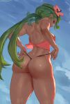  1girl adjusting_swimsuit ass ass_focus backboob big_ass black_panties blue_background blue_sky butt_crack cutesexyrobutts dark-skinned_female erect_nipples feet_out_of_frame female_focus female_only female_solo green_eyes green_hair legs long_hair looking_at_viewer mallow_(pokemon) partially_clothed pokemon solo_female solo_focus thick_ass thick_thighs thighs 