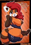  1girl absurd_res ailurid anthro balls breasts clothing dialogue female female_only furry futanari hair high_res mammal nipples penis piercing pkfirefawx red_hair red_panda ringtail thick_thighs 