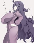  ahoge al_bhed_eyes big_breasts blue_eyes blush breasts covered_nipples cowboy_shot dress from_side frown hairband hand_on_hip hex_maniac highres huge_breasts impossible_clothes kedamono_kangoku-tou long_hair looking_at_viewer messy_hair nail_polish nipples pale_skin pink_hairband pink_nails pokemon pokemon_(game) pokemon_xy purple_dress purple_hair thinking translated very_long_hair white_background 
