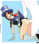  ace_attorney anal anal_sex blue_eyes boots brown_hair cape clothed_female_nude_male clothed_sex doggy_position earrings faceless_male gloves jewelry magician on_all_fours ponytail scarf simple_background sooperman top_hat trucy_wright 