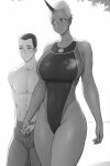  1boy 1girl abs big_breasts bushu_(lvl) competition_swimsuit dark-skinned_female fit_male light_blush looking_at_partner looking_to_the_side lvl_(sentrythe2310) monochrome muscular_male navel oni oni_horns original_character swimsuit thick_thighs thighs toned_male white_hair 