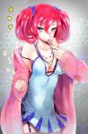  1girl bare_shoulders blue_dress bra breasts cleavage cross-laced_clothes digimon digimon_story:_cyber_sleuth dress food ice_cream licking red_hair shiramine_nokia simple_background smile standing stockings tongue torieto twin_tails underwear zettai_ryouiki 