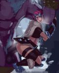  1boy 1girl against_wall aka6 alistar anal blush bodypaint clothed_female_nude_male female huge_penis kneel large_insertion league_of_legends looking_back male monster open_mouth penis pink_hair quinn sex short_hair size_difference stomach_bulge testicle uncensored 