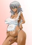  bar_censor breasts censored cum dark_skin dickgirl erection eyebrows eyebrows_visible_through_hair gradient gradient_background grey_hair large_breasts penis pregnant pubic_hair solo testicles 