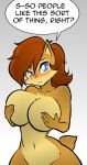  1girl 1girl 2015 anthro big_breasts blue_eyes blush breasts chipmunk covering covering_breasts embarrassed english_text furry hair hand_on_breast hayakain huge_breasts mammal nude red_hair rodent sally_acorn sega text voluptuous wide_hips 