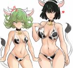  2_girls big_breasts black_hair breasts cow_bell cow_bikini cow_ears cow_horns cow_print cow_print_bikini cow_tail cowbell female_only fubuki_(one-punch_man) green_hair ling_xiaoyu medium_breasts one-punch_man pantyhose short_hair tatsumaki tatsumaki_(one-punch_man) underwear 