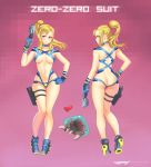  1girl adapted_costume ass big_breasts blonde_hair blue_eyes blush breasts butt_crack choker erotibot gloves gun hand_on_hip heart holding holding_gun holding_weapon holster looking_at_viewer metroid metroid_(creature) navel ponytail revealing_clothes samus_aran simple_background thigh_gap thigh_holster trigger_discipline weapon zero_suit 