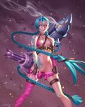  1girl bare_shoulders blue_hair braid breasts bullet embers erotibot fingerless_gloves gatling_gun gloves grin gun high_res jewelry jinx_(league_of_legends) league_of_legends long_hair minigun navel necklace nipple_slip nipples no_panties open_fly pink_eyes pink_legwear pussy rocket_launcher shiny shiny_skin short_shorts shorts shorts_pull signature single_thighhigh skindentation small_breasts smile smoke steam stockings sweat tape tattoo twin_braids twin_tails uncensored very_long_hair weapon 