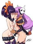  2girls areola arm_grab ass bigdead93 black_choker breasts brown_gloves closed_eyes collar crossover detached_sleeves disgaea fingering gloves hair_ornament high_res kissing lavender_hair long_hair majorita_(disgaea) makai_senki_disgaea_5 multiple_girls nipples pointy_ears purple_eyes pussy shiny shiny_clothes shiny_skin shorts shorts_pull skull_hair_ornament small_breasts stockings studded_bracelet symonne_(tales) tales_of_(series) tales_of_zestiria topless trait_connection uncensored white_background wrist_grab yuri 