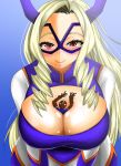  1boy 1girl adahcm blonde_hair blush bodysuit boku_no_hero_academia character_request cleavage cleavage_cutout domino_mask long_hair looking_at_viewer mount_lady my_hero_academia red_eyes smile solo_focus 
