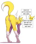  1girl 1girl 2021 ? anthro anus ass bent_over black_sclera blue_eyes dialogue digimon digimon_(species) digitigrade dipstick_ears dipstick_tail english_text fur furry genitals koopacap leaning leaning_forward multicolored_ears multicolored_tail pussy raised_tail renamon shaded simple_background speech_bubble stretching text white_background white_body white_fur yellow_body yellow_fur 