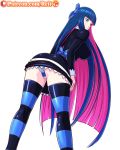 1girl ass big_ass big_breasts blue_eyes blue_hair breasts cameltoe dat_ass female female_only long_hair looking_at_viewer looking_back panties panty_&amp;_stocking_with_garterbelt pantyshot reit simple_background solo stocking_(psg) stocking_anarchy stockings striped_panties two_tone_hair white_background