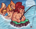  2017 artist_request big_breasts blush breast_rest dratini fishing fishing_pole floatzel from_behind interspecies lake nude one_eye_closed pokemon river sad sex signature smile upset water 