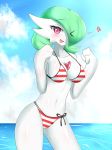  1girl beach blush breasts cleavage cloud day fang front-tie_bikini front-tie_top gardevoir looking_at_viewer navel no_humans open_mouth pokemon pokemon_(creature) red_eyes sana!rpg sky smile standing striped_bikini thighs 