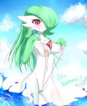  1girl :p areola beach blush breasts gardevoir green_hair groin inverted_nipples licking_lips long_hair looking_at_viewer naughty_face navel nipples no_humans pokemon pokemon_(creature) puffy_areolae red_eyes sana!rpg shiny shiny_skin sling_bikini standing text thighs tongue tongue_out wedgie 