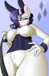  1girl 2017 absurd_res anthro anthrofied blue_eyes breasts captainpudgemuffin clothing equine friendship_is_magic furry gradient_background high_res horn leash looking_at_viewer mammal my_little_pony nipples purple_hair pussy rarity simple_background unicorn 