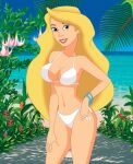 arms bracelet carlshocker cleavage female_abs female_focus female_only hands hips lips lipstick long_blonde_hair looking_at_viewer navel odette sand sea sideways_glance sky smile the_swan_princess thighs white_bikini