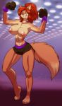  1girl absurd_res anthro areola athletic big_breasts boxing boxing_gloves breasts canine chest_tuft clothed clothing creamytea_(artist) drawing-4ever female female_only fox fur furry green_eyes hair high_res looking_at_viewer mammal mostly_nude nipples red_hair shorts smile smirk sport teeth topless tuft wendel2 