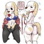 1girl 2020 absurd_res aggressive_retsuko anthro big_breasts bottomwear bra breasts canid canine canis cleavage clothed clothing collar condom condom_in_mouth dialogue domestic_dog english_text front_view furry genitals high_res inui_(aggressive_retsuko) kneel leash male mammal nude off_shoulder pants partially_clothed petplay pussy rear_view roleplay sanrio sexual_barrier_device talking_to_viewer tanuk_kun text underwear wrapped_condom 