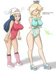 &gt;:( aeyerlock angry arms_crossed big_breasts blue_swimsuit covered_nipples crossed_arms crossover dawn_(pokemon) game_freak green_swimsuit hair_over_one_eye hikari_(pokemon) humans_of_pokemon looking_at_another looking_at_each_other mad nintendo nipples pokemon porkyman pout princess_rosalina red_swimsuit signature super_mario_bros. super_mario_galaxy swimsuit
