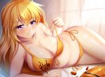  1girl bare_shoulders bed_sheet big_breasts bikini blonde_hair blush bow breasts cleavage collarbone curtains eyebrows eyebrows_visible_through_hair guardian_panda hair_between_eyes high_res long_hair looking_at_viewer lying midriff navel off_shoulder on_side pulled_by_self purple_eyes rwby smile stomach strap_pull swimsuit yang_xiao_long yellow_bikini yellow_bow 