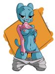 1girl 1girl 2017 5_fingers anthro areola bedroom_eyes blue_fur breasts cartoon_network cat clothed clothing clothing_lift clothing_pull digital_media_(artwork) doofis fangs feline fur furry half-closed_eyes high_res holding_breast looking_at_viewer mammal naughty_face nicole_watterson nipples panties pants panty_pull pink_nipples pink_nose pink_shirt seductive shirt shirt_lift shirt_up simple_background slim teeth the_amazing_world_of_gumball underwear 