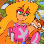 1boy 1girl anthro between_breasts big_breasts blonde_hair bouncing_breasts breasts cleavage crash_(series) crash_bandicoot crash_bandicoot_(series) funny gif green_eyes huge_breasts larger_female male/female smaller_male tawna_bandicoot twistedgrim
