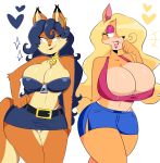  2girls anthro belt big_breasts blonde_hair blue_hair breast_size_difference breasts carmelita_fox cleavage clothed clothing crash_bandicoot_(series) duo eyebrows eyelashes furry hair hair_over_eye hand_on_hip high_res huge_breasts jinu long_hair panties shorts skirt sly_cooper_(series) tawna_bandicoot thick_thighs thigh_gap underwear video_games 