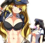  1girl 2_girls abs animal_ears big_breasts black_hair blake_belladonna bra breasts bubble bubble_gum cleavage color cuffs fully_clothed gloves hair hat headgear jijii48 long_hair looking_at_viewer looking_away navel police rwby smile white_background yang_xiao_long 