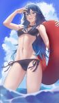  1girl 1girl 1girl absurd_res alluring alternate_costume arm_up ass_visible_through_thighs bare_legs bikini black_bikini black_swimsuit blue_bikini blue_eyes blue_hair blue_sky blurry blurry_foreground blush cloud cloudy_sky day eyelashes feet_out_of_frame female_only fire_emblem fire_emblem_awakening from_below gradient_hair hair_between_eyes halterneck hand_up high_res holding innertube looking_at_viewer lucina lucina_(fire_emblem) multicolored_hair navel nintendo open_mouth outside partially_submerged pomelomelon shadow side-tie_bikini_bottom sidelocks sky small_breasts smile swimsuit symbol-shaped_pupils teeth thighs upper_teeth_only very_long_hair wading water 
