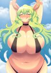  1female 1girl 2018 androjuniarto arms_behind_head arms_up aroused bbw big_breasts bikini black_bikini black_swimsuit blush breasts choker chubby cleavage closed_eyes clothing curvy dated dragon_girl dragon_humanoid eyelashes female_focus female_only fully_clothed gradient_hair grin hands_behind_head high_res horn horns huge_breasts licking_lips long_hair mature_female miss_kobayashi&#039;s_dragon_maid multicolored_hair navel quetzalcoatl_(dragon_maid) sexually_suggestive shiny_skin signature sky sky_background slightly_chubby smile solo_female solo_focus standing sweat swimsuit tongue tongue_out voluptuous wet wide_hips 