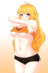  1girl big_breasts blonde_hair breasts female_focus female_only long_hair narynn panties purple_eyes rwby shirt_lift short_shorts solo_female solo_focus undressing yang_xiao_long 