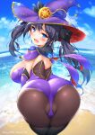 1girl 2021 alternate_breast_size arched ass ass_focus backless_outfit beach bent_over big_breasts black_hair blue_eyes blue_sky blush breasts bubble_butt cameltoe clothed clothed_female embarrassed female_focus female_only genshin_impact hat highleg_leotard huge_ass large_hat leaning_forward leggings leotard long_hair looking_at_viewer looking_back looking_over_shoulder mona_(genshin_impact) open_mouth outside puffy_pussy purple_leotard sand sheer_legwear sideboob sugihara thick_thighs thighs tight_clothing tight_fit tights twin_tails water witch_hat 