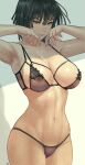  1girl 1girl armpits arms_up bangs bare_shoulders big_breasts blunt_bangs breasts cleavage closed_mouth clothing erect_nipples erect_nipples_under_clothes fubuki_(one-punch_man) green_hair high_resolution lingerie navel nipples one-punch_man see-through stomach thighs underwear zefrableu 