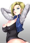  10s 1girl android_18 areola arms_up ass big_breasts blonde_hair blue_eyes breasts breasts_outside dragon_ball dragon_ball_super dragon_ball_z dutch_angle earrings jacket jewelry kizaki_yuuri lipstick makeup nipples no_bra nopan open_clothes open_jacket open_mouth pose shiny shiny_skin short_hair simple_background skin_tight torn_clothes upper_body white_background 