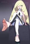  10s 1boy 1girl aether_foundation bare_shoulders barefoot blonde_hair blush disembodied_penis dress feet footjob furanh green_eyes long_hair lusamine milf open_mouth penis pokemon pokemon_(game) pokemon_sm single_shoe sitting smile solo_focus toe_cleavage toes uncensored veins veiny_penis 