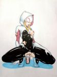  blonde_hair breasts dildo dildo_sitting ghost_spider gwen_stacy marvel marvel_comics medium_breasts one_breast_out pussy_juice spider-gwen spider-man_(series) squirt torn_clothes 