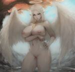  1girl 1girl 1girl angel angel_wings arm_under_breasts bangs bare_arms bare_hips bare_legs bare_shoulders bare_thighs belly blue_eyes blue_sky breast_hold breasts clavicle closed_mouth completely_nude curvaceous curves day elf erect_nipples eyebrows eyelashes feathered_wings female_only gray_bear hair halo hand_on_hip hand_on_own_hip hand_on_own_wrist hands high_resolution hips huge_breasts in_water jewelry legs lips long_ears long_hair looking_at_viewer navel necklace nipples nude original outside paid_reward paipan pink_nipples pointed_ears pussy scar shiny shiny_hair shiny_skin sky slender_waist spread_wings standing standing_in_water stomach thick_thighs thighs tree uncensored very_high_resolution wet white_wings wings 