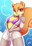  1girl 1girl 2017 anthro big_breasts big_tail breasts buckteeth cleavage clothed clothing eyebrows eyelashes furry high_res looking_at_viewer mammal navel nickelodeon pink_nose rodent sandy_cheeks secretly_saucy spongebob_squarepants squirrel standing teeth undressing 