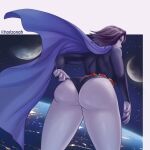  1girl 1girl 1girl ass back_view big_ass cape cloak clothed dat_ass dc_comics female_only forehead_jewel grey_skin high_res horizonah221 leotard looking_at_viewer looking_back purple_eyes purple_hair rachel_roth raven_(dc) superheroine teen_titans thick_thighs thong_leotard 