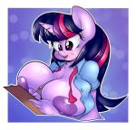  1girl 2017 anthro anthrofied areola big_breasts border breasts clipboard clothed clothing ep777 equine friendship_is_magic furry hair high_res horn long_hair mammal multicolored_hair my_little_pony nipples open_mouth open_shirt pencil_(object) purple_eyes twilight_sparkle unicorn white_border 