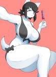  1girl anthro big_breasts bikini black_hair blue_eyes blush_sticker breasts canine clothing dog food fur furry grin hair high_res huge_breasts maggie_applebee mammal navel nipple_bulge pink_background popsicle simple_background smile swimsuit theycallhimcake thick_thighs white_fur 
