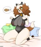 1girl 2017 anthro bailey_(boxollie) big_breasts boxollie breasts canine clothing digital_media_(artwork) dog dog_biscuit food furry kneel looking_at_viewer mammal nipples original slightly_chubby thick_thighs
